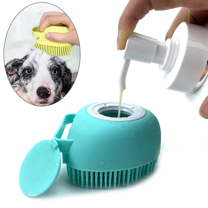 Cepillo y dispensador de champú para el baño de mascotas.  Producto importado, plazo de entrega aproximado de entre 7 y 18 días.